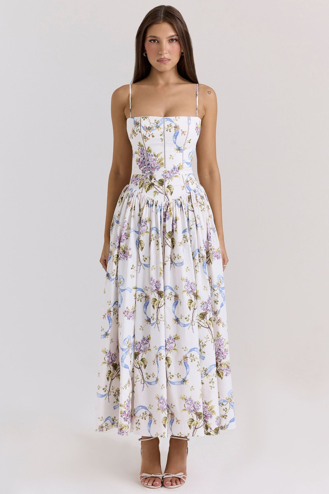 Eva | Floral Print Corset Bodice Spaghetti Strap Full Skirt Midi Dress