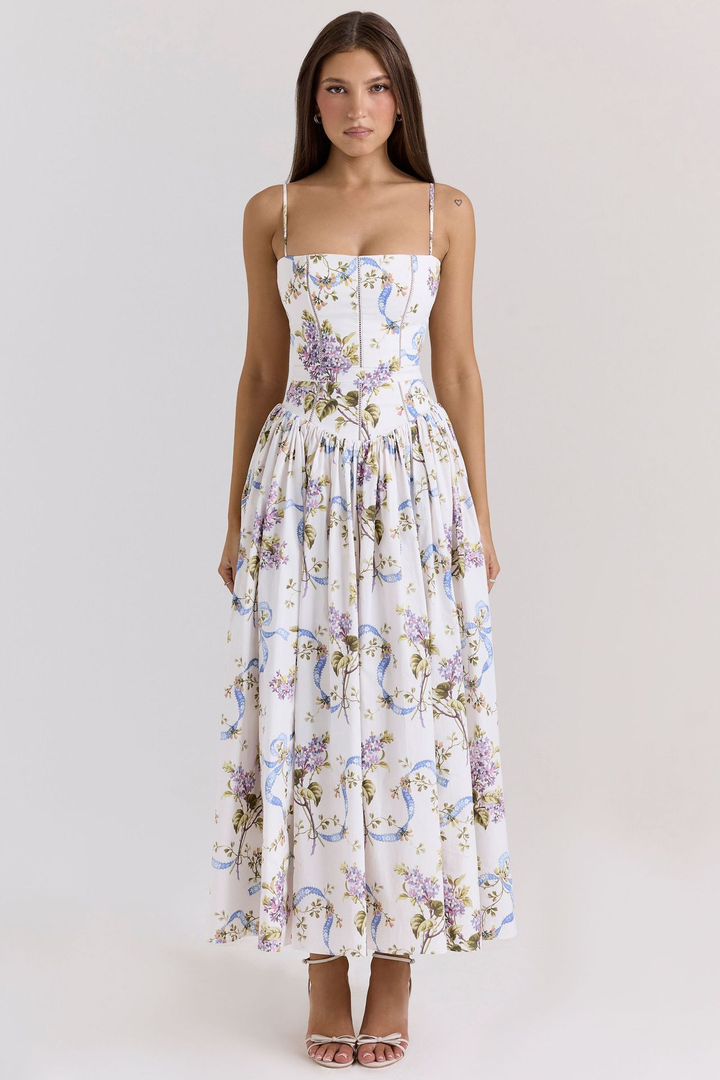 Eva | Floral Print Corset Bodice Spaghetti Strap Full Skirt Midi Dress