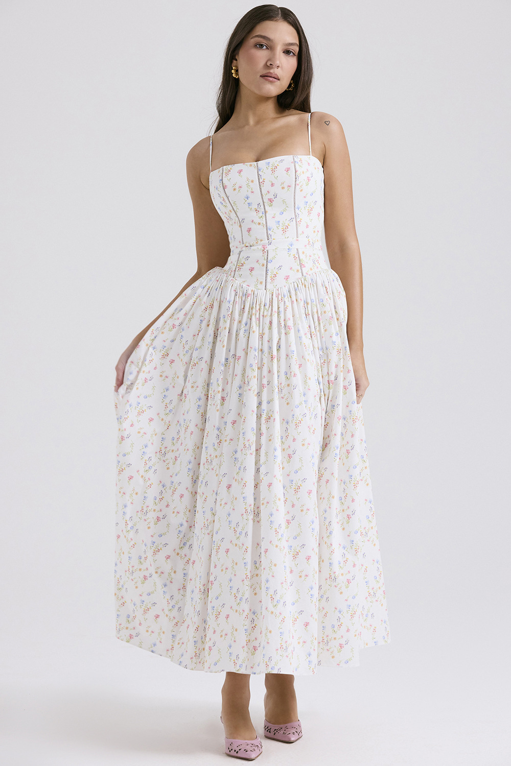 Eva | Floral Print Corset Bodice Spaghetti Strap Full Skirt Midi Dress