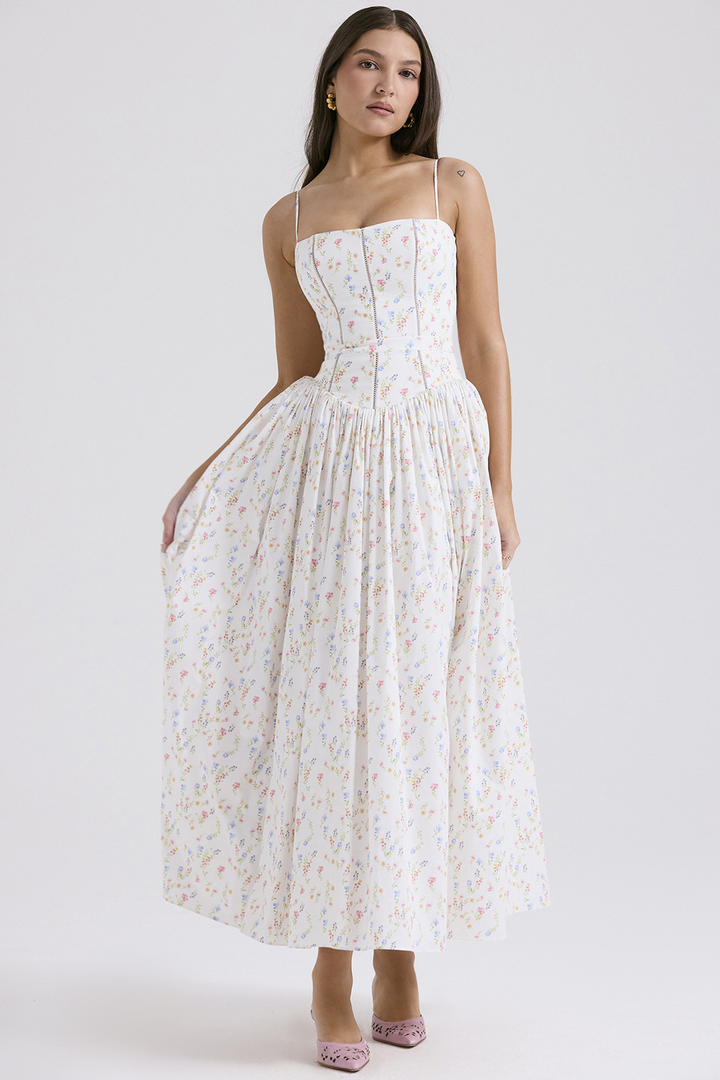Eva | Floral Print Corset Bodice Spaghetti Strap Full Skirt Midi Dress