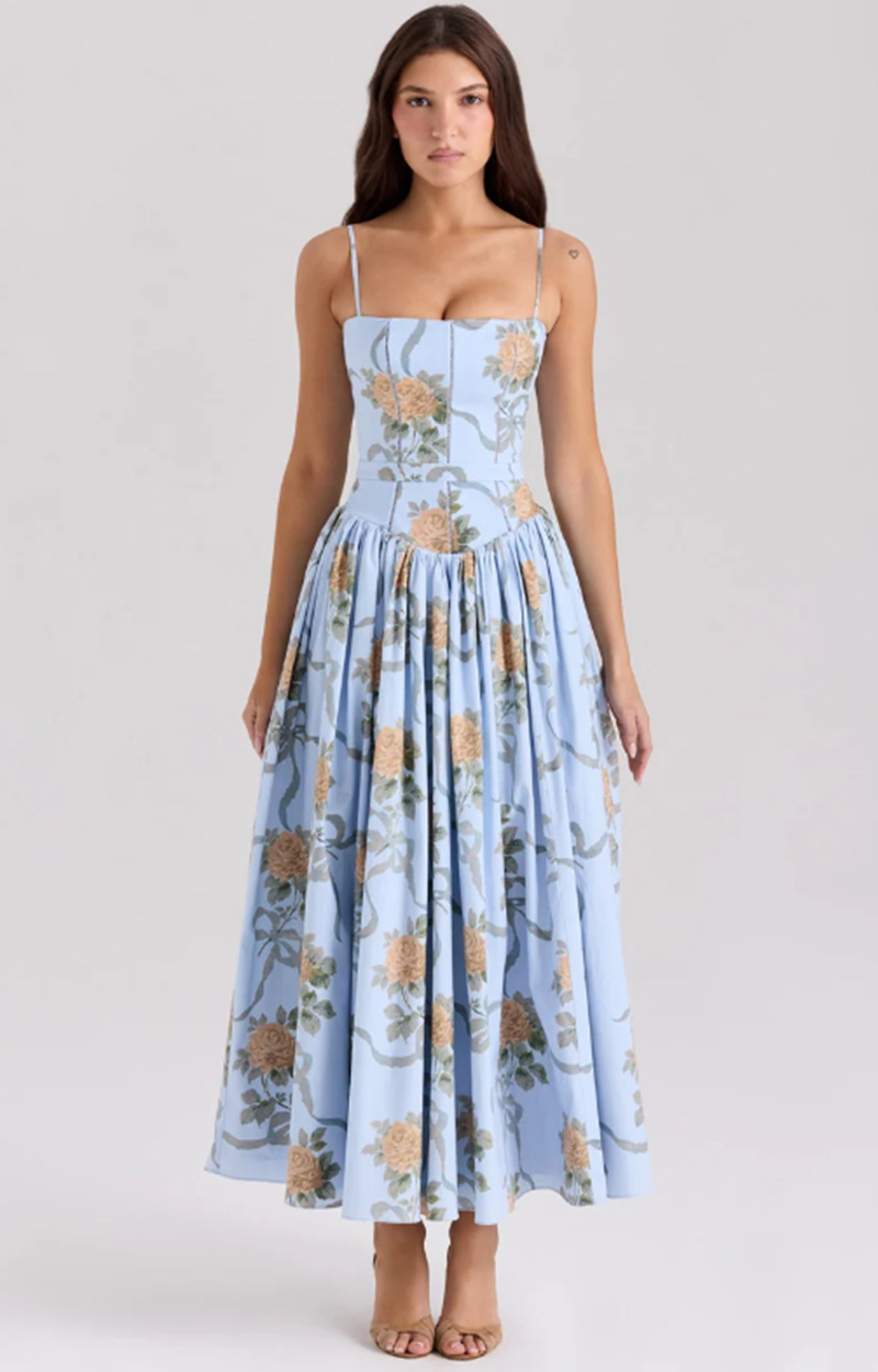 Eva | Floral Print Corset Bodice Spaghetti Strap Full Skirt Midi Dress