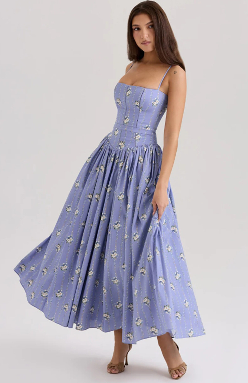 Eva | Floral Print Corset Bodice Spaghetti Strap Full Skirt Midi Dress