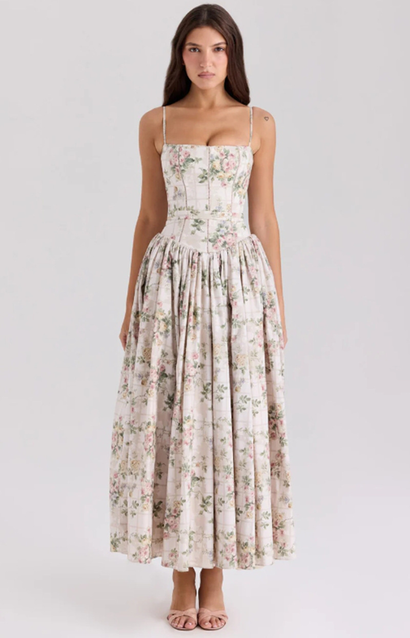 Eva | Floral Print Corset Bodice Spaghetti Strap Full Skirt Midi Dress