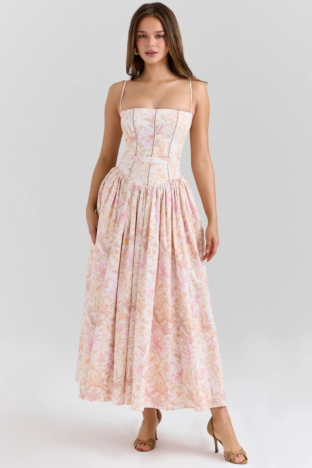 Eva | Floral Print Corset Bodice Spaghetti Strap Full Skirt Midi Dress