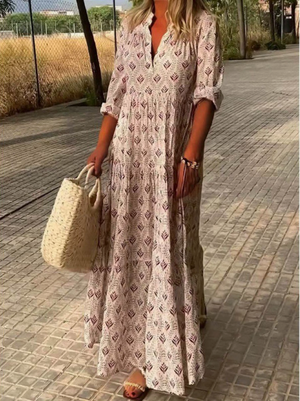 Aurora | Block Print V Neck Long Sleeve Tiered A Line Maxi Dress