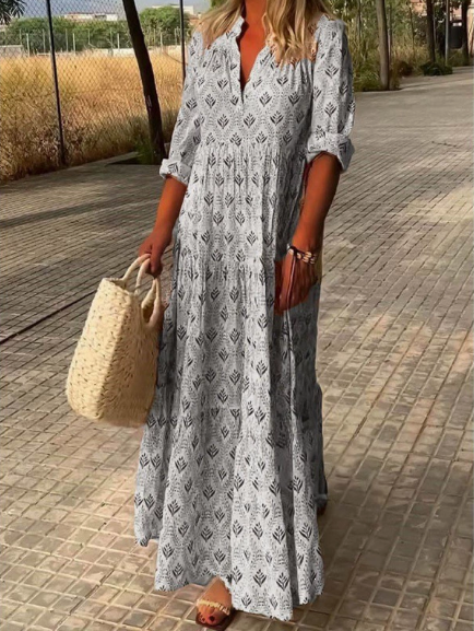 Aurora | Block Print V Neck Long Sleeve Tiered A Line Maxi Dress
