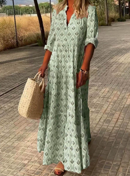 Aurora | Block Print V Neck Long Sleeve Tiered A Line Maxi Dress