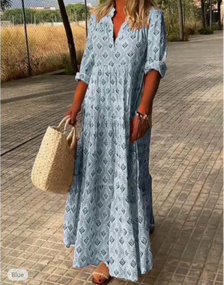 Aurora | Block Print V Neck Long Sleeve Tiered A Line Maxi Dress