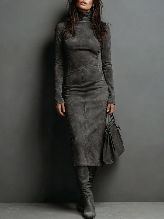 Xena | Suede Turtleneck Long Sleeve Body-Con Midi Dress