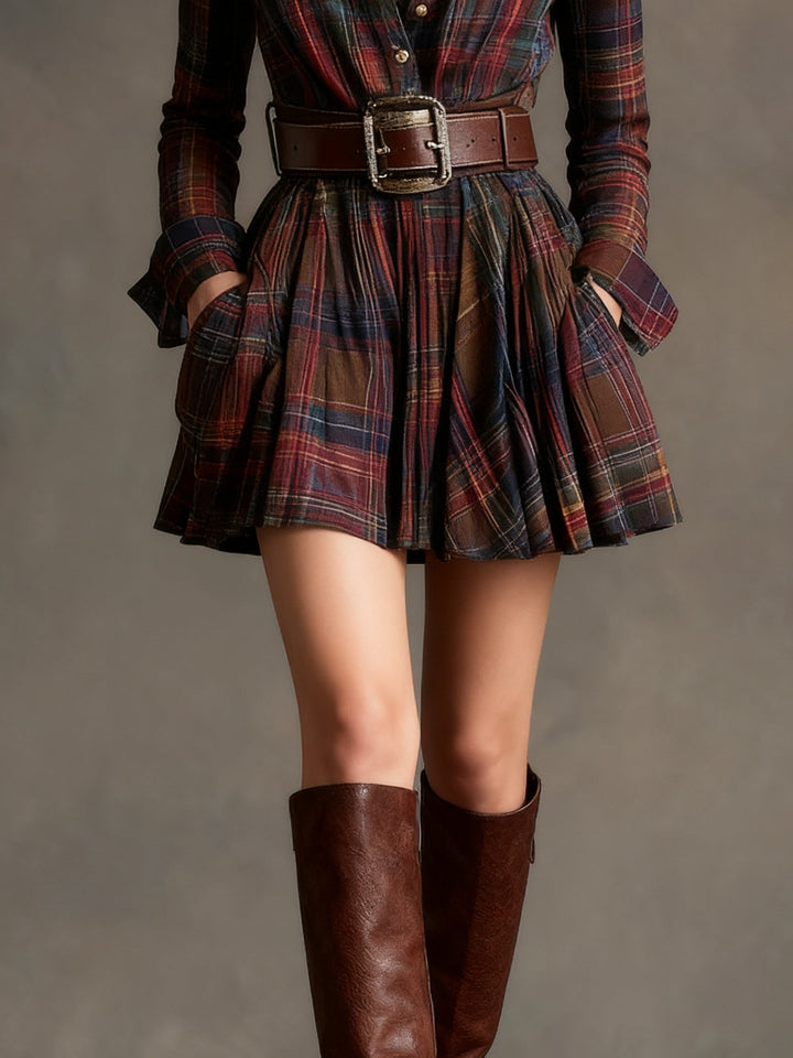 Viveca | Plaid Collared Chest Pocket Belted Flare Mini Dress
