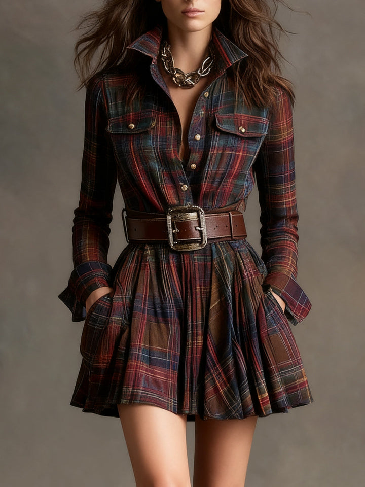 Viveca | Plaid Collared Chest Pocket Belted Flare Mini Dress