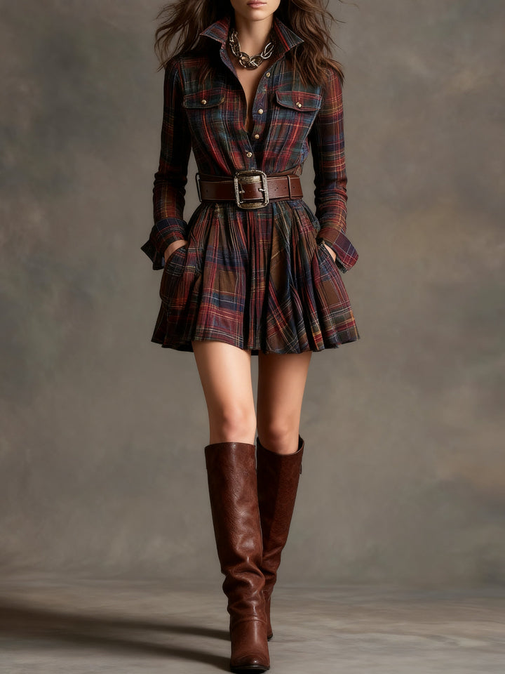 Viveca | Plaid Collared Chest Pocket Belted Flare Mini Dress