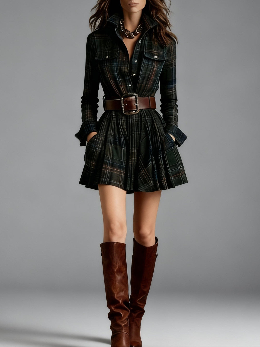 Viveca | Plaid Collared Chest Pocket Belted Flare Mini Dress