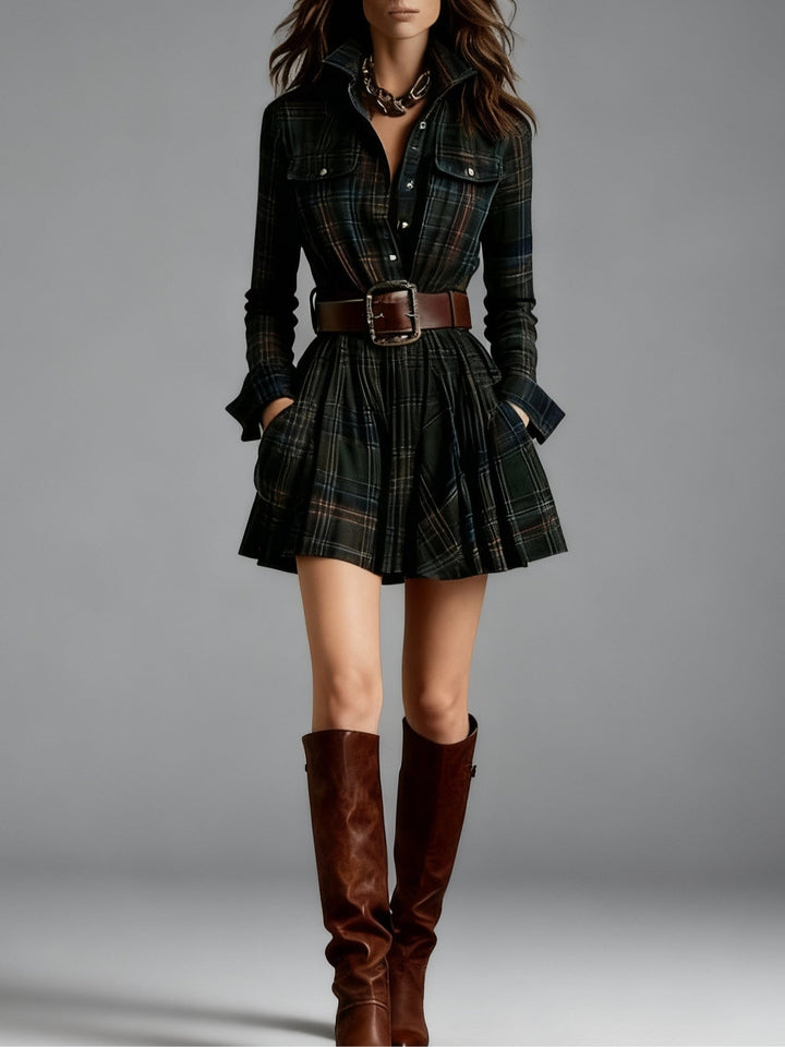 Viveca | Plaid Collared Chest Pocket Belted Flare Mini Dress