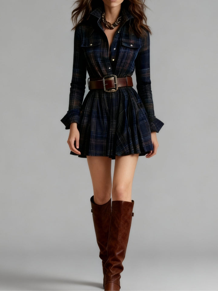 Viveca | Plaid Collared Chest Pocket Belted Flare Mini Dress
