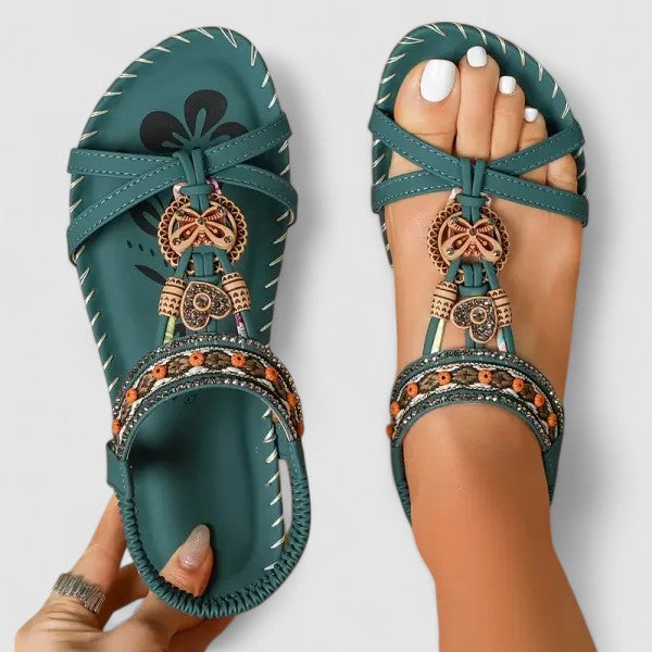 Aurora | Beaded Butterfly T Strap Elastic Back Flat Sandals