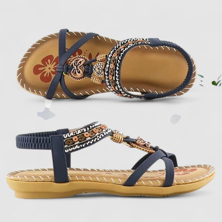 Aurora | Beaded Butterfly T Strap Elastic Back Flat Sandals