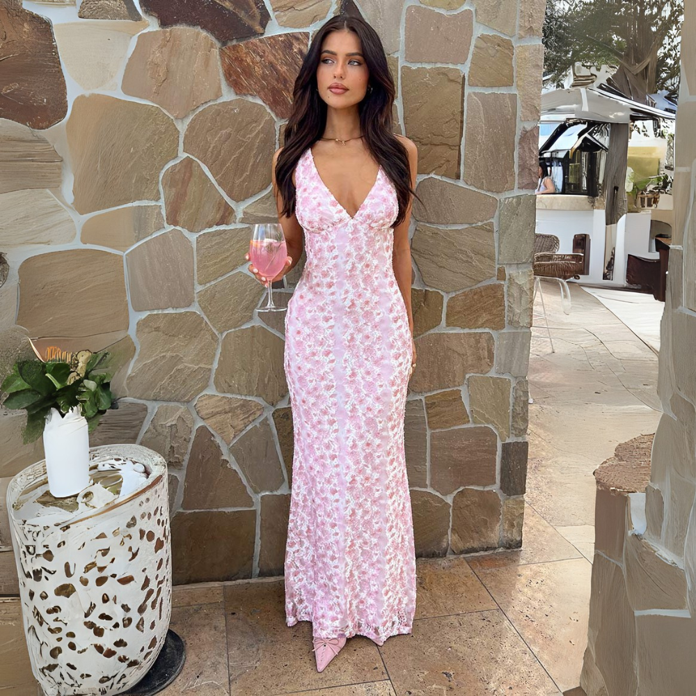 Stella | Pink Floral Lace V Neck Sleeveless Mermaid Maxi Dress