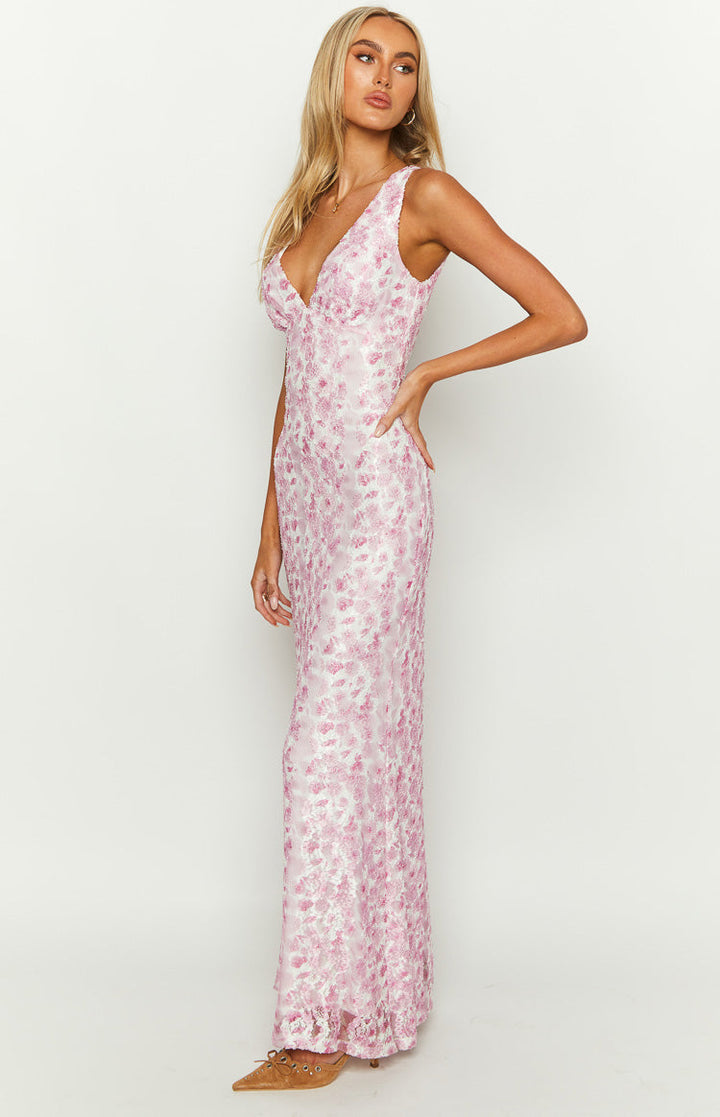 Stella | Pink Floral Lace V Neck Sleeveless Mermaid Maxi Dress
