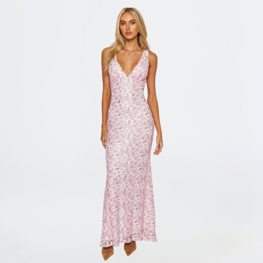 Stella | Pink Floral Lace V Neck Sleeveless Mermaid Maxi Dress