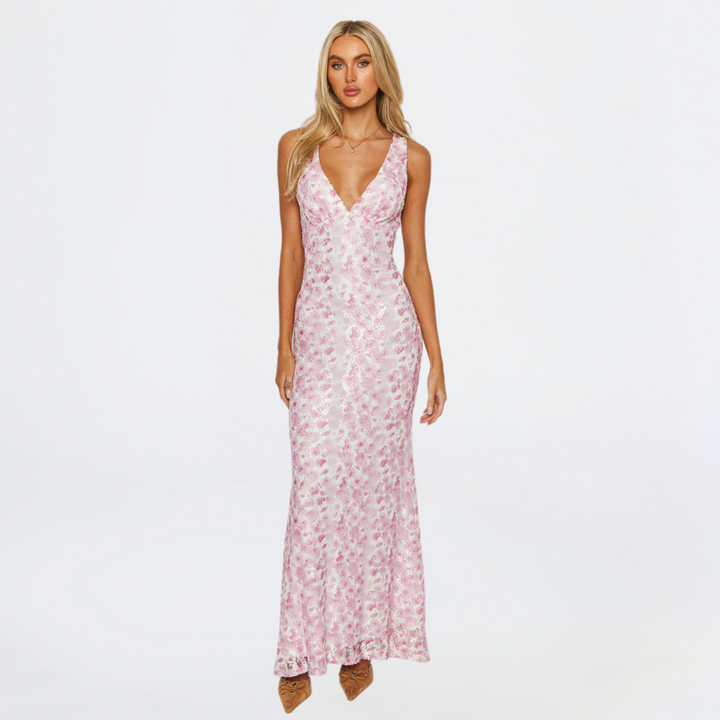 Stella | Pink Floral Lace V Neck Sleeveless Mermaid Maxi Dress