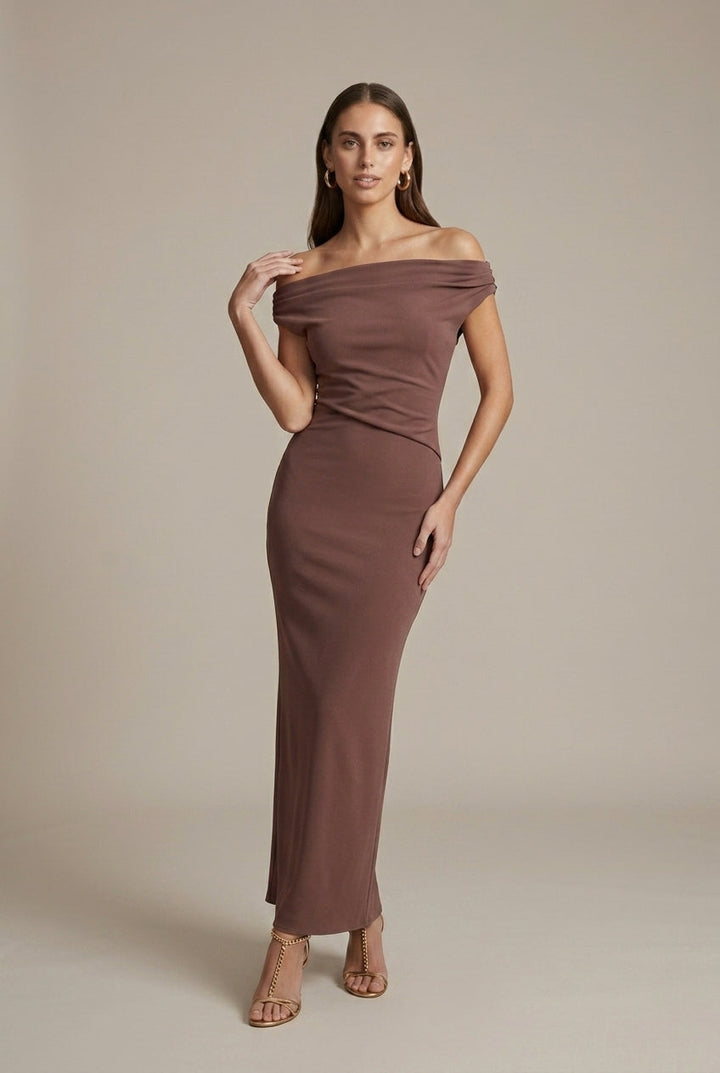 Elegant Satin Maxi Dress for Women with Off Shoulder Ruched Bodycon Formal Wedding Guest Style