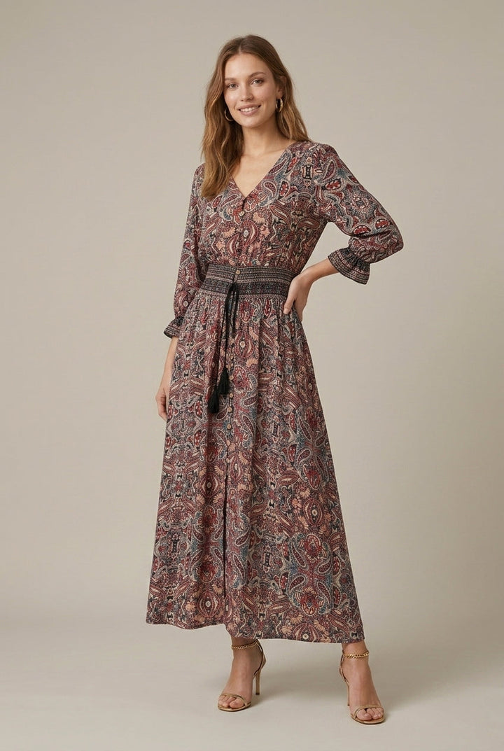Elegant Floral Maxi Dress for Women with Surplice Neck Long Sleeve Tie Waist Flowy Boho Style