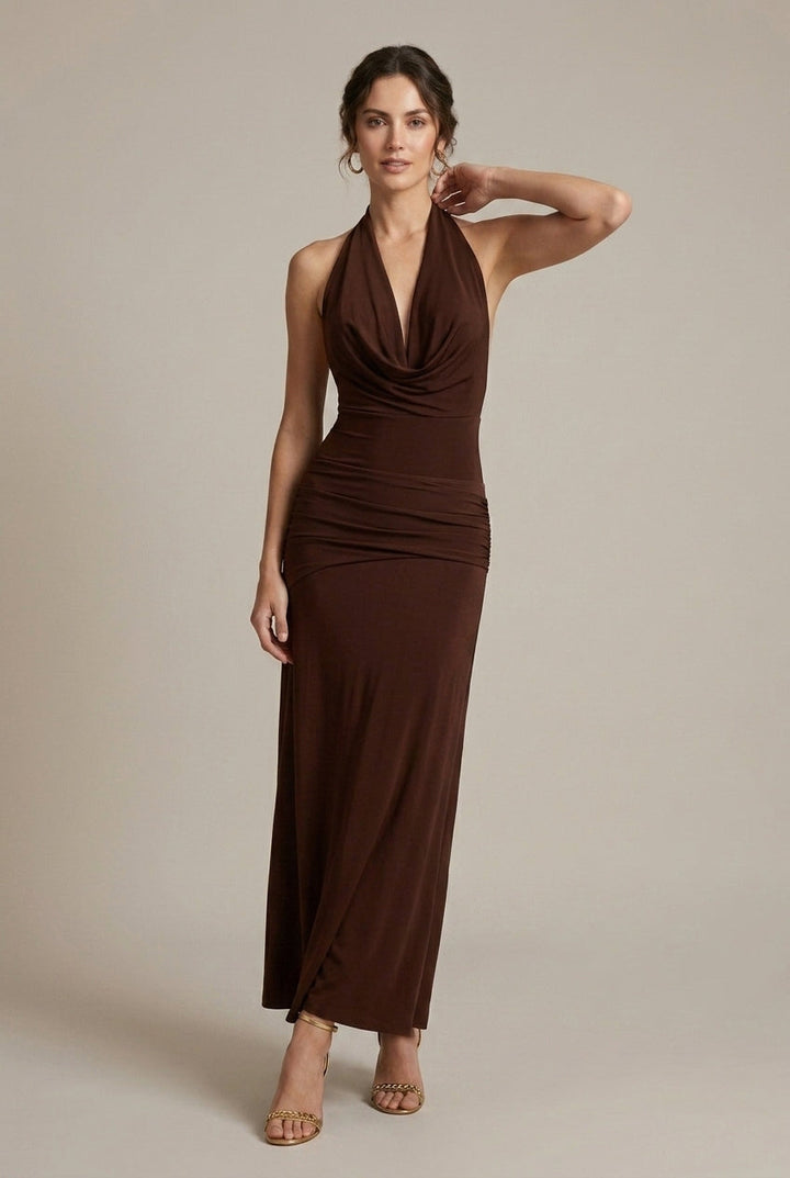 Elegant Satin Maxi Dress for Women with Halter Neck Cowl Backless Bodycon Formal Wedding Guest Style