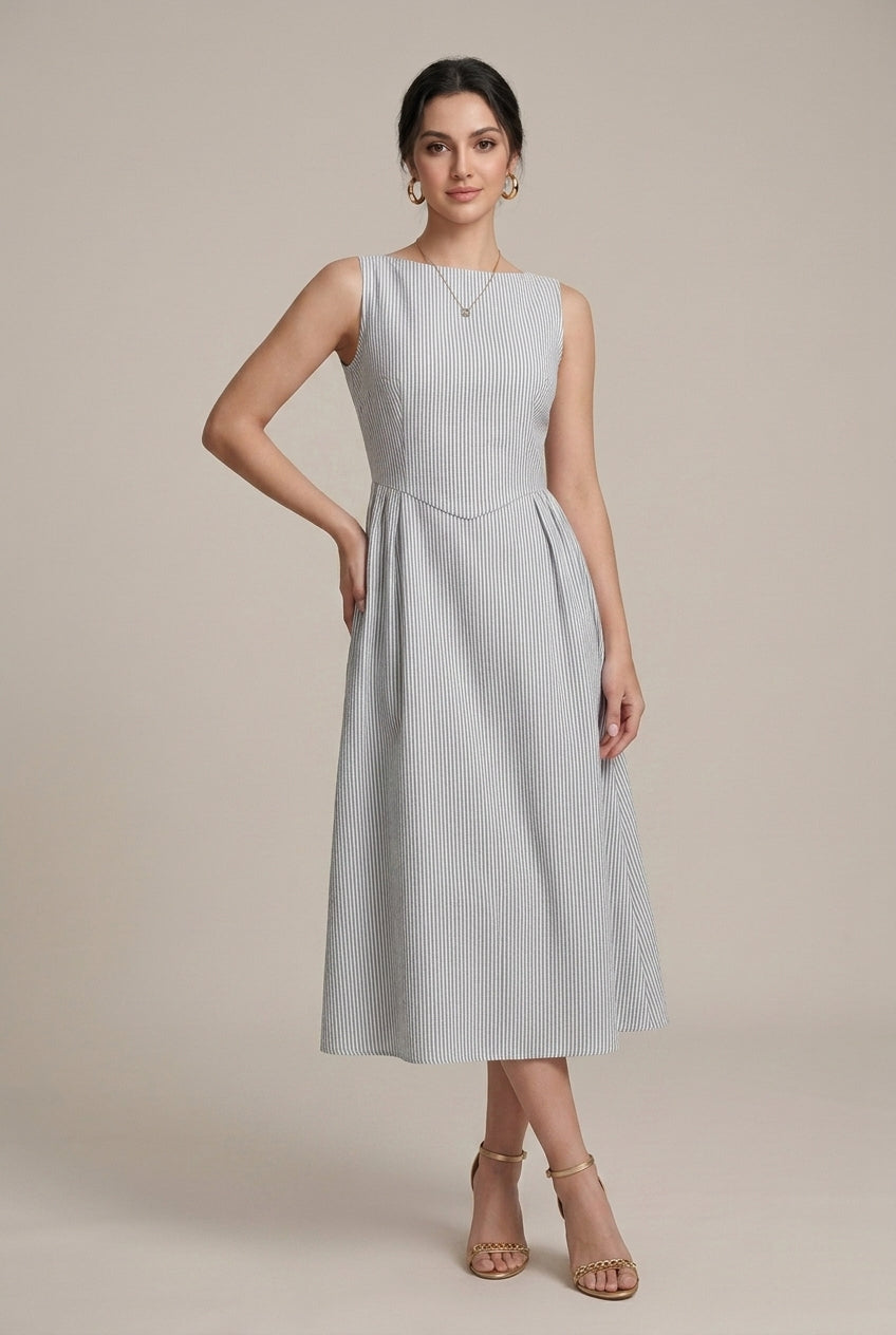 Elegant A Line Midi Dress for Women with Round Neck Sleeveless Pleated Flowy Formal Wedding Guest Style