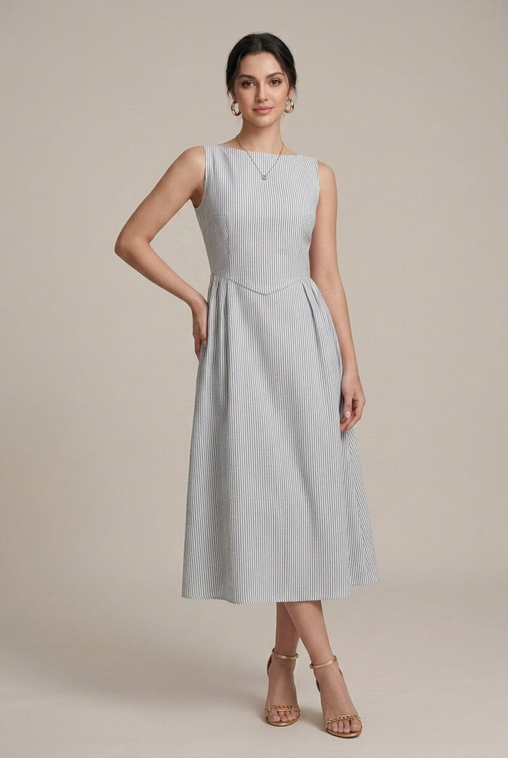 Elegant A Line Midi Dress for Women with Round Neck Sleeveless Pleated Flowy Formal Wedding Guest Style