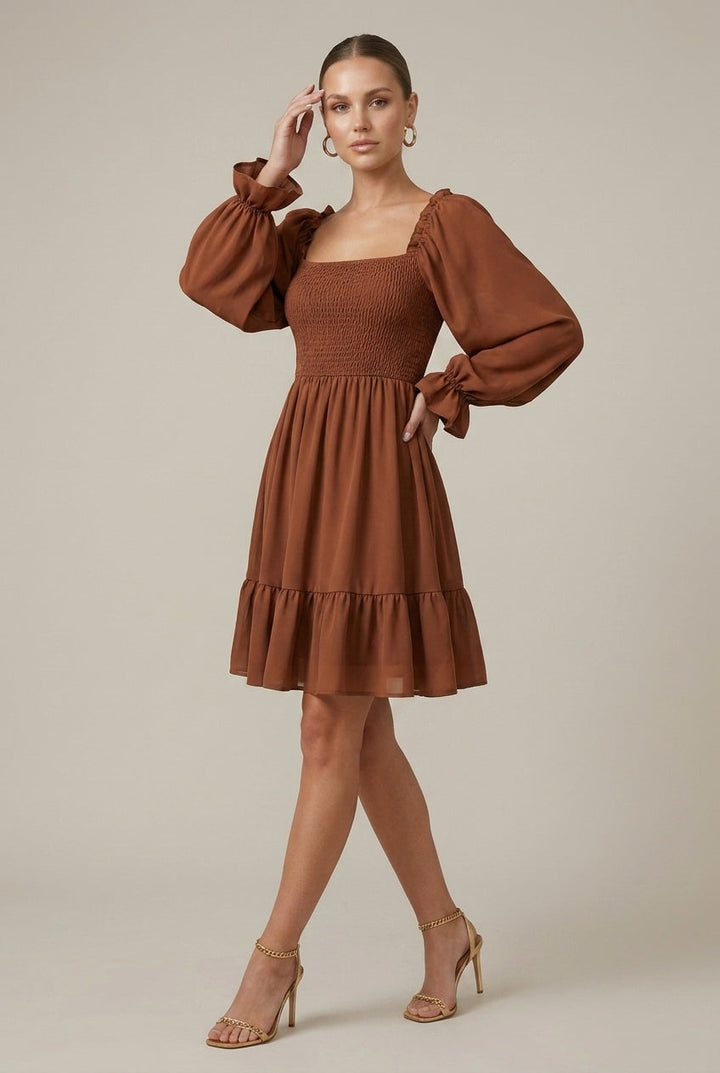 Elegant Smocked Mini Dress for Women with Square Neck Puff Sleeve Tiered Flowy Style