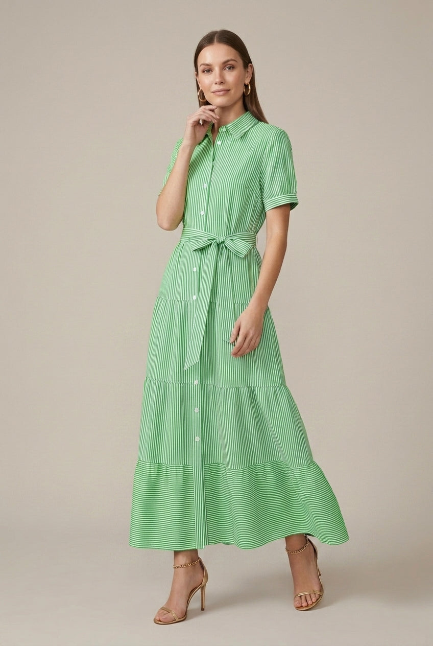 Effortless Striped Shirt Maxi Dress for Women with Collared Neck Short Sleeve Belted Waist Flowy Style