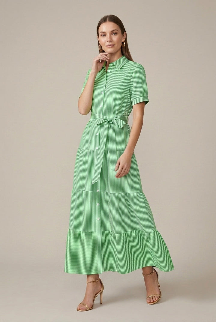 Effortless Striped Shirt Maxi Dress for Women with Collared Neck Short Sleeve Belted Waist Flowy Style