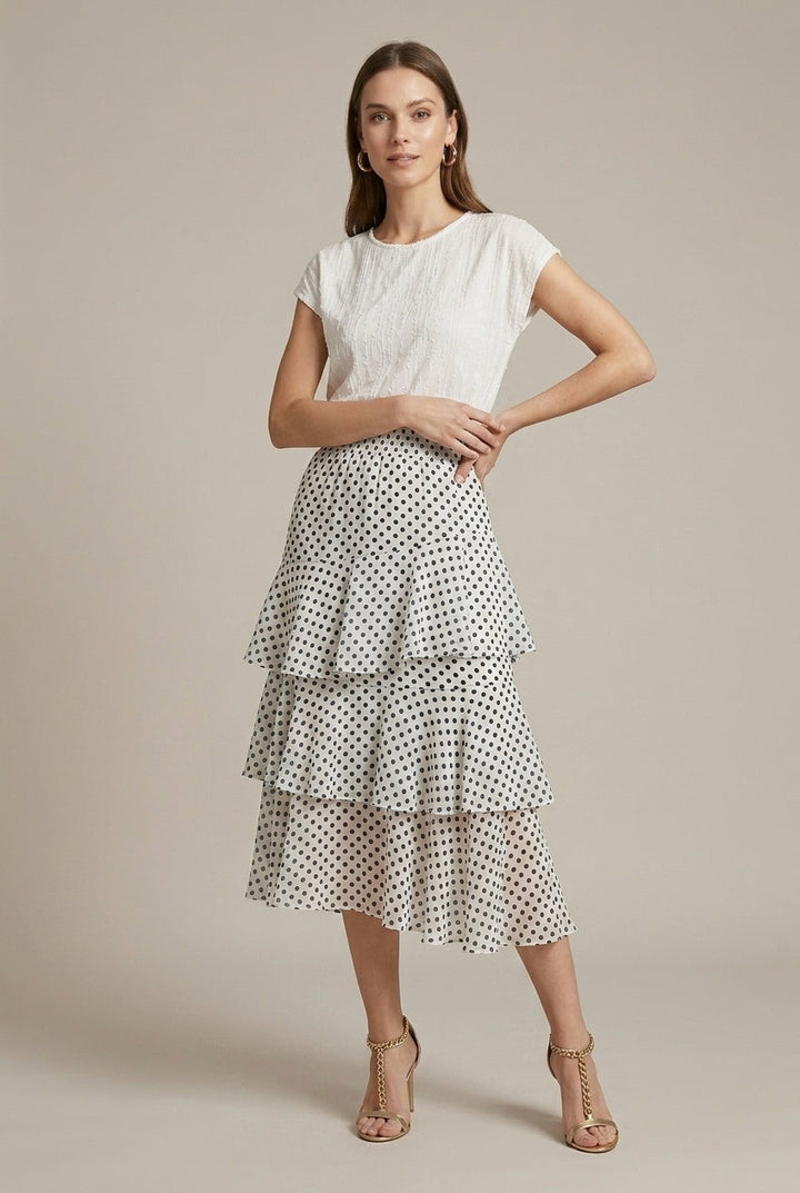Effortless Polka Dot Midi Skirt for Women with High Waist Ruffle Tiered Flowy Style