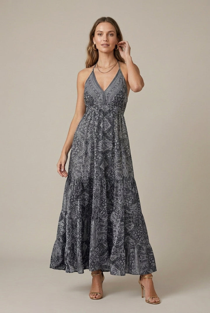 Effortless Printed Maxi Dress for Women with Halter Neck Tiered Flowy Boho Style