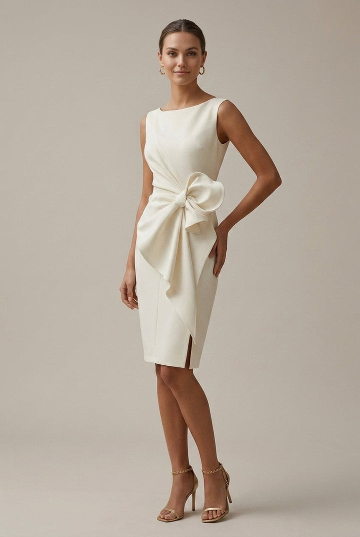 Elegant Satin Midi Dress for Women with Round Neck Sleeveless Bow Detail Formal Wedding Guest Style