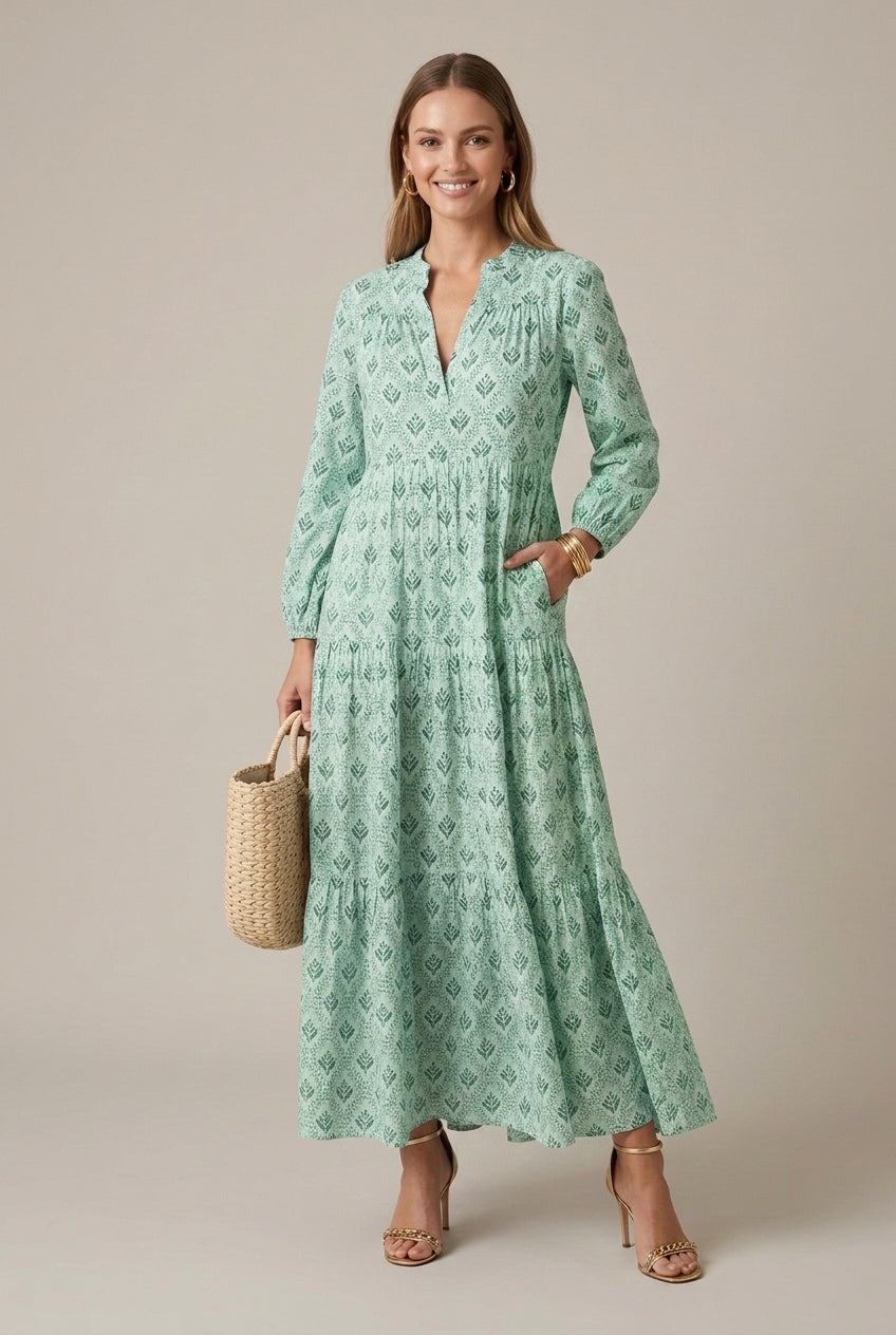 Effortless Printed Maxi Dress for Women with V-Neck Long Sleeve Tiered Flowy Style