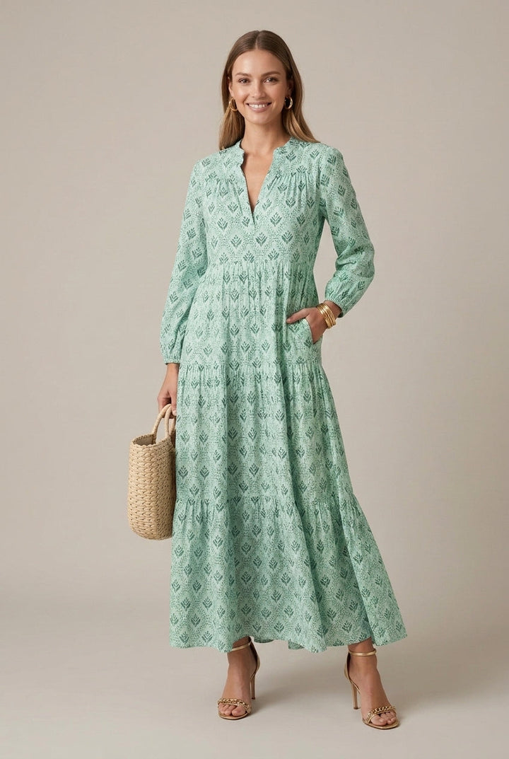 Effortless Printed Maxi Dress for Women with V-Neck Long Sleeve Tiered Flowy Style