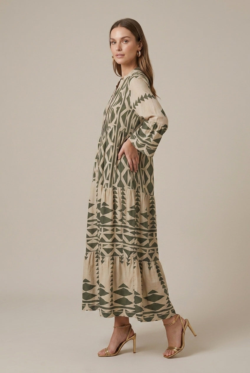 Effortless Printed Maxi Dress for Women with V-Neck Long Sleeve Tiered Flowy Boho Style