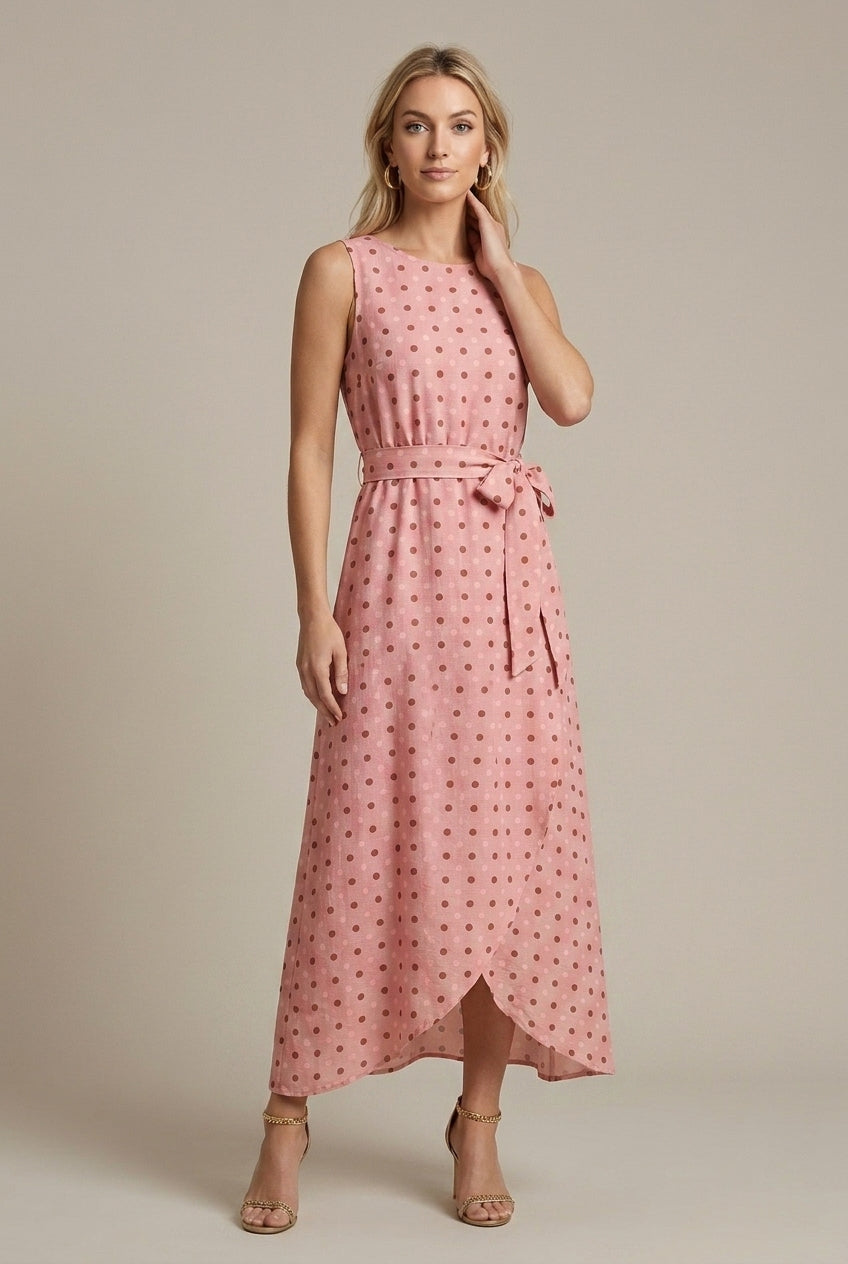 Elegant Polka Dot Maxi Dress for Women with Round Neck Sleeveless Tie Waist High Low Style