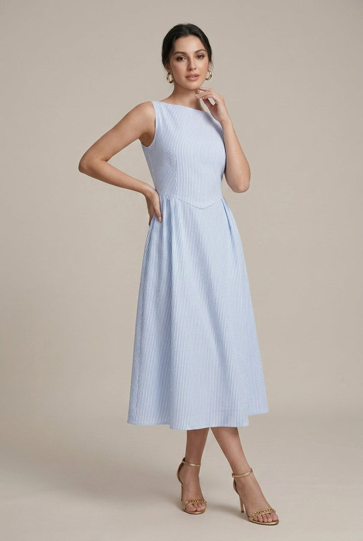 Elegant A Line Midi Dress for Women with Round Neck Sleeveless Pleated Flowy Formal Wedding Guest Style