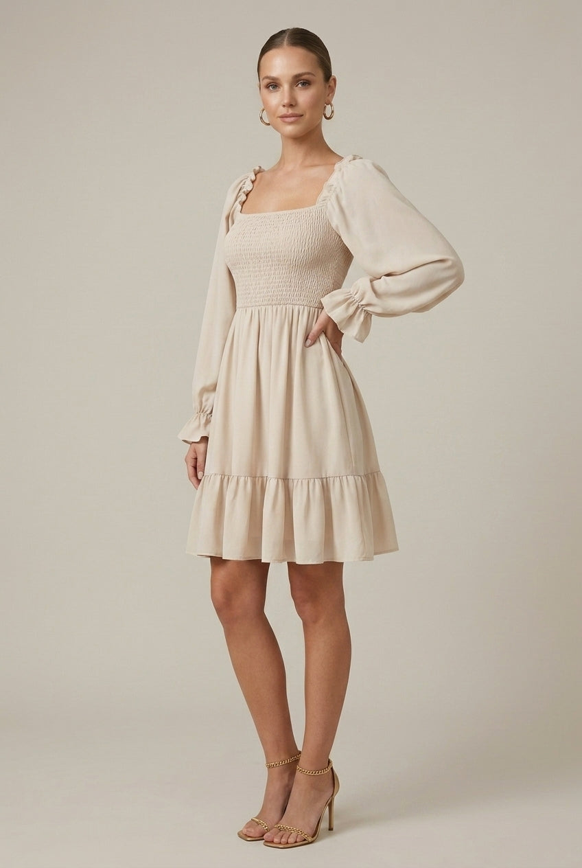 Elegant Smocked Mini Dress for Women with Square Neck Puff Sleeve Tiered Flowy Style