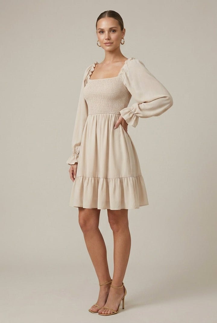 Elegant Smocked Mini Dress for Women with Square Neck Puff Sleeve Tiered Flowy Style