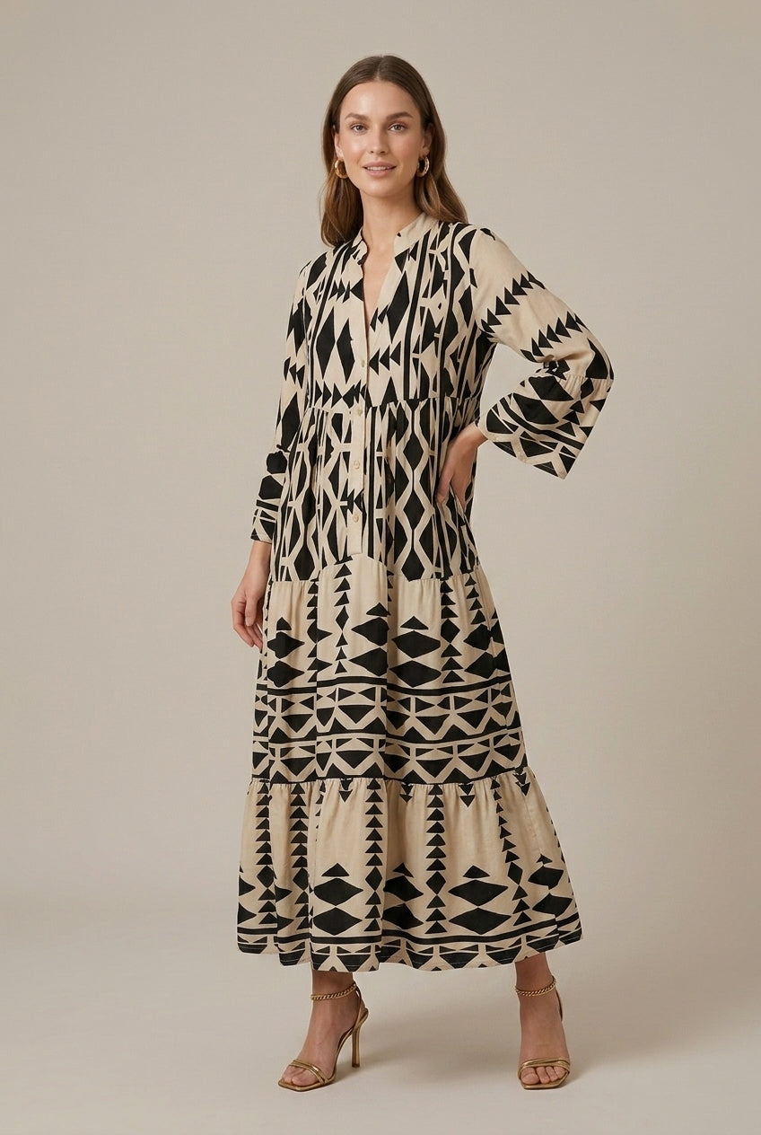 Effortless Printed Maxi Dress for Women with V-Neck Long Sleeve Tiered Flowy Boho Style