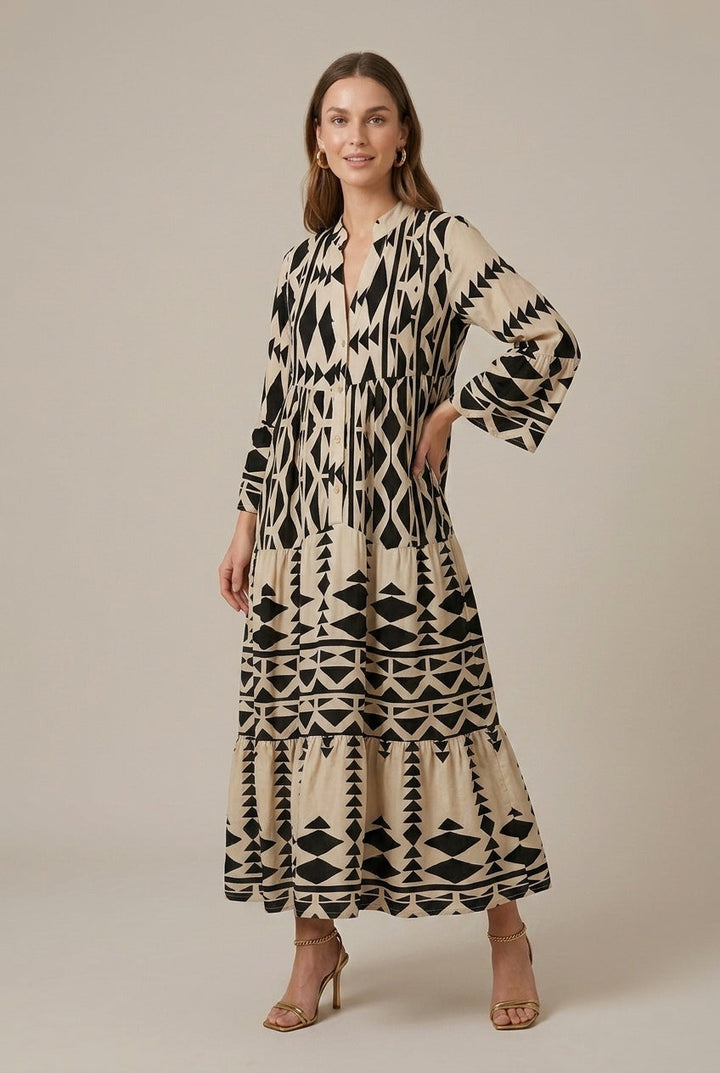 Effortless Printed Maxi Dress for Women with V-Neck Long Sleeve Tiered Flowy Boho Style
