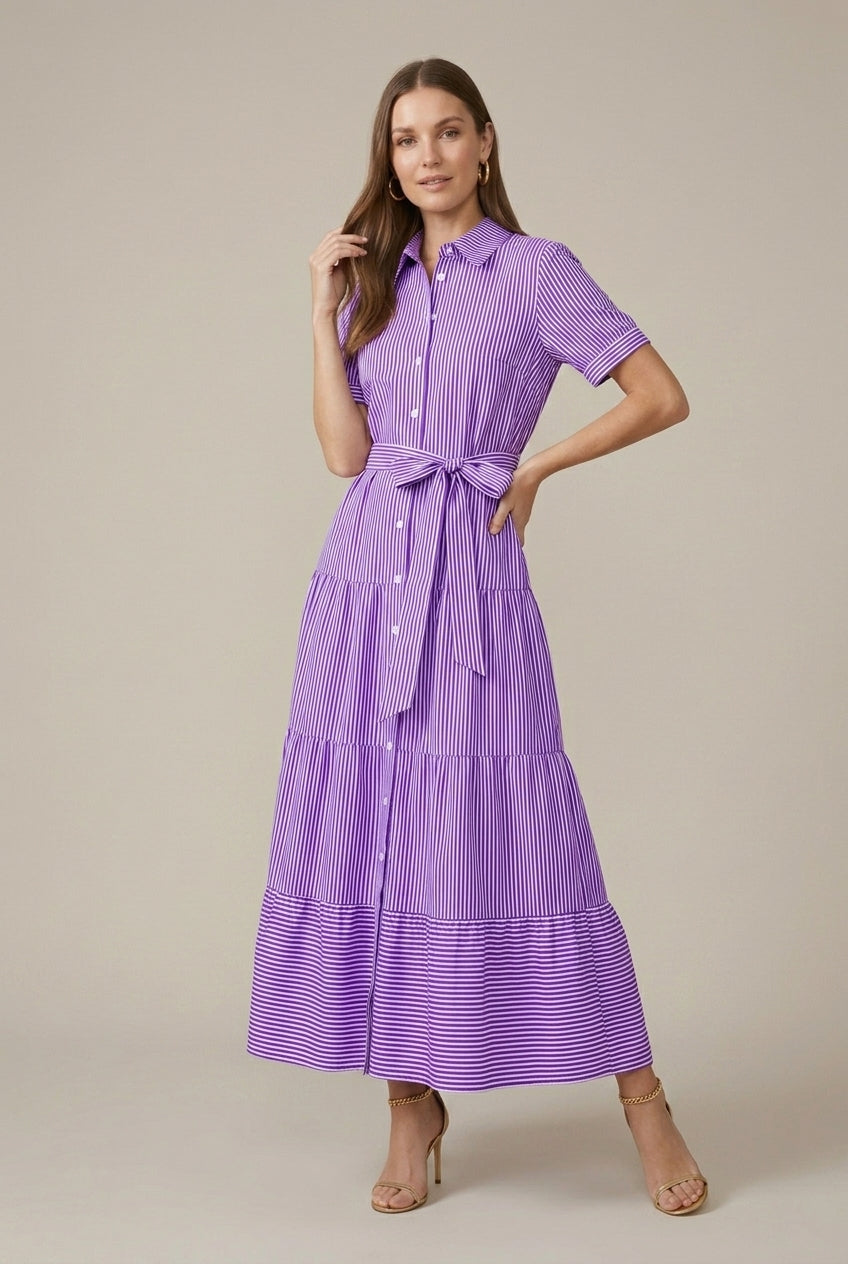 Effortless Striped Shirt Maxi Dress for Women with Collared Neck Short Sleeve Belted Waist Flowy Style