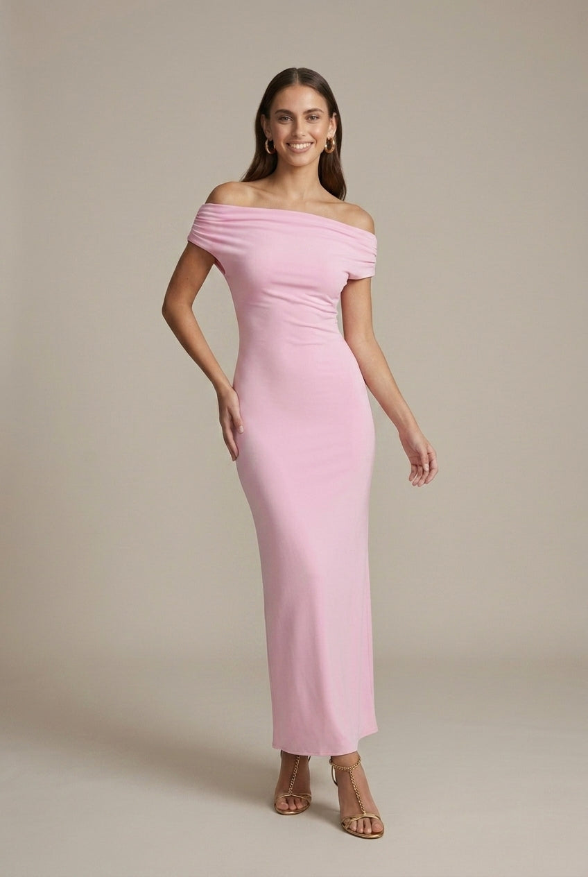 Elegant Satin Maxi Dress for Women with Off Shoulder Ruched Bodycon Formal Wedding Guest Style