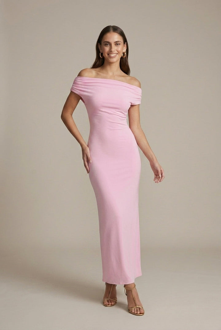 Elegant Satin Maxi Dress for Women with Off Shoulder Ruched Bodycon Formal Wedding Guest Style