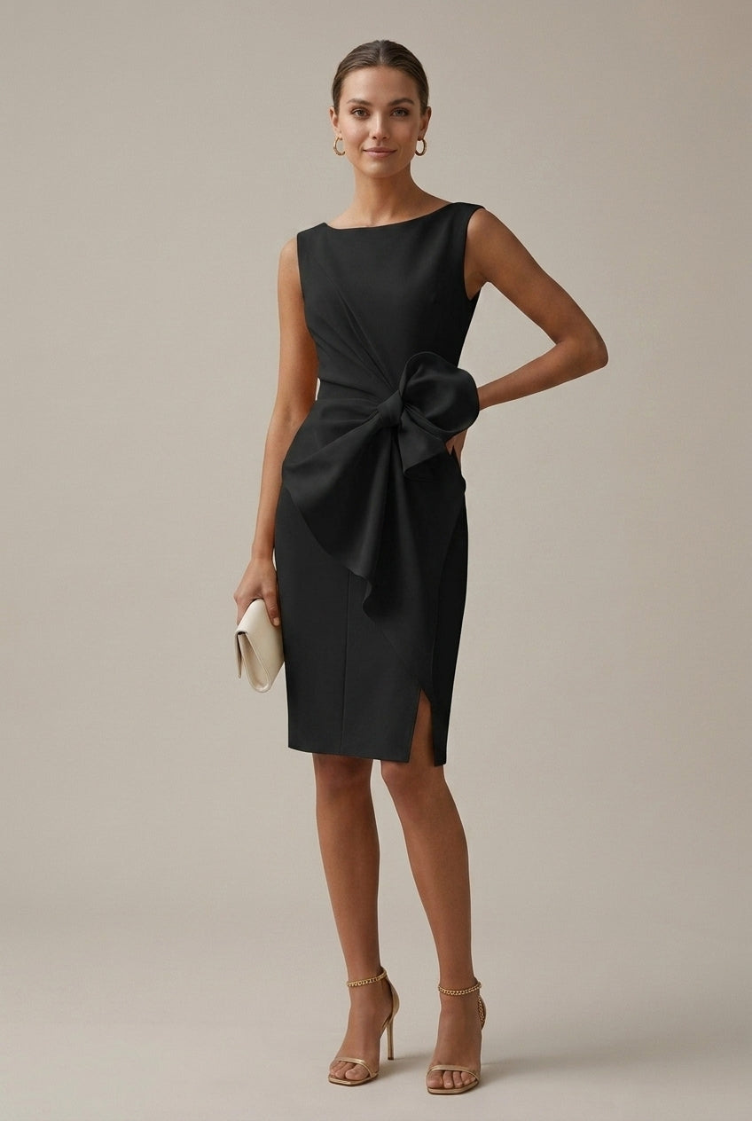 Elegant Satin Midi Dress for Women with Round Neck Sleeveless Bow Detail Formal Wedding Guest Style