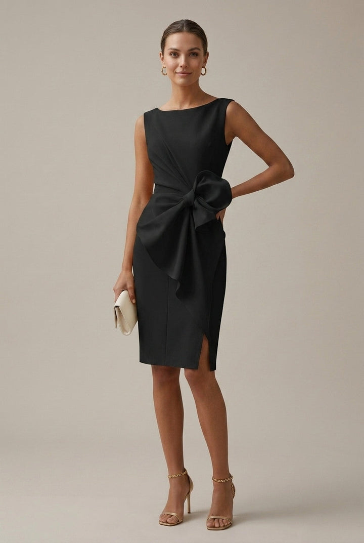Elegant Satin Midi Dress for Women with Round Neck Sleeveless Bow Detail Formal Wedding Guest Style